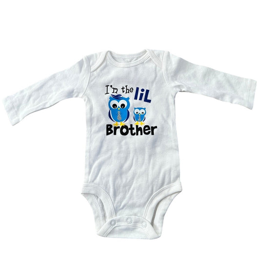 Baby 3M White Long Sleeve Onesie - 'I'm the Lil Brother' Owl Print