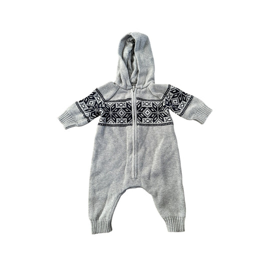 Baby 3M Gray Nordic Knit Hooded Jumpsuit with Zipper Closure