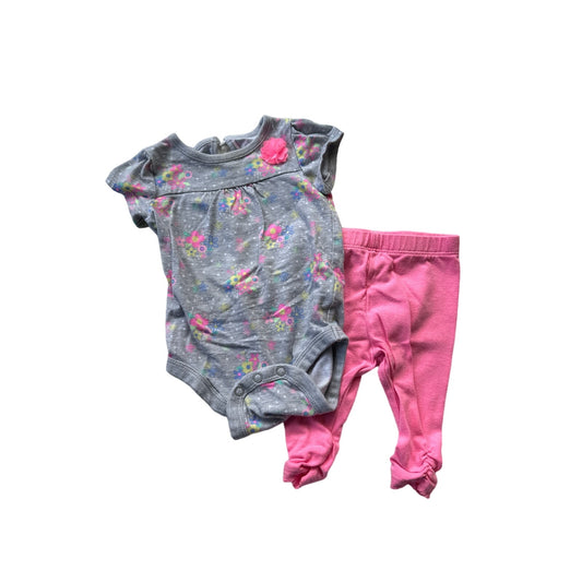 0-3M Baby Pink and Grey Floral Outfit Set