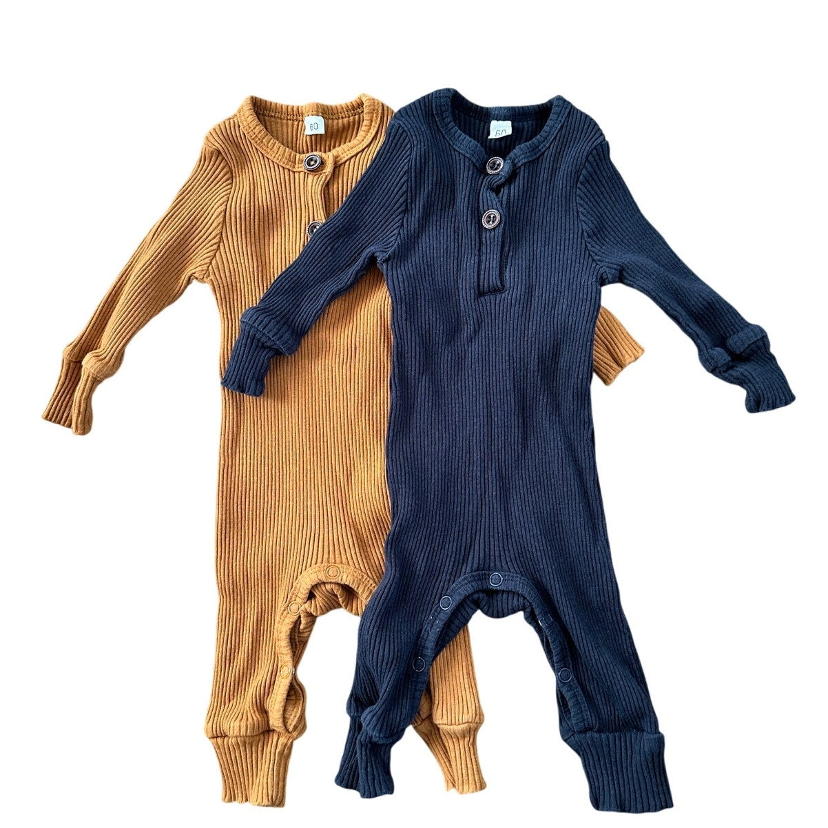 Newborn 2-Pack Ribbed Button-Up Romper Onesies - Mustard and Navy