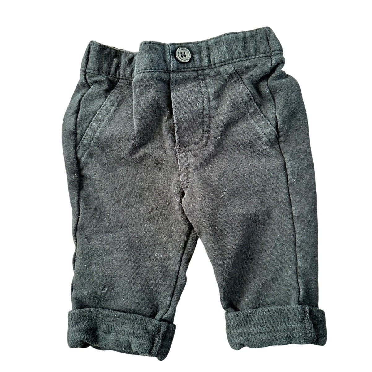 Newborn Black Cuffed Pants with Button and Elastic Waistband