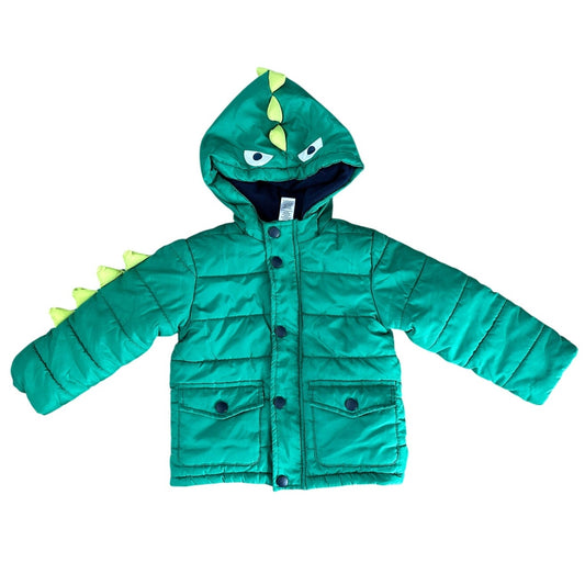 Toddler 2T Green Dino Hooded Puffer Jacket with Spikes and Eyes