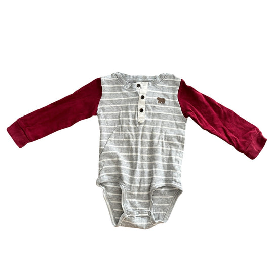 Toddler 24M Gray and Burgundy Striped Henley Onesie with Bear Embroidery