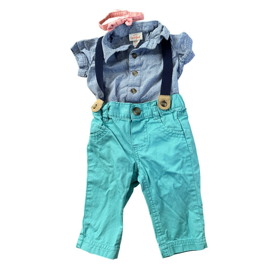 Baby 0-3M Outfit - Chambray Shirt, Aqua Pants, Suspenders, Pink Headband