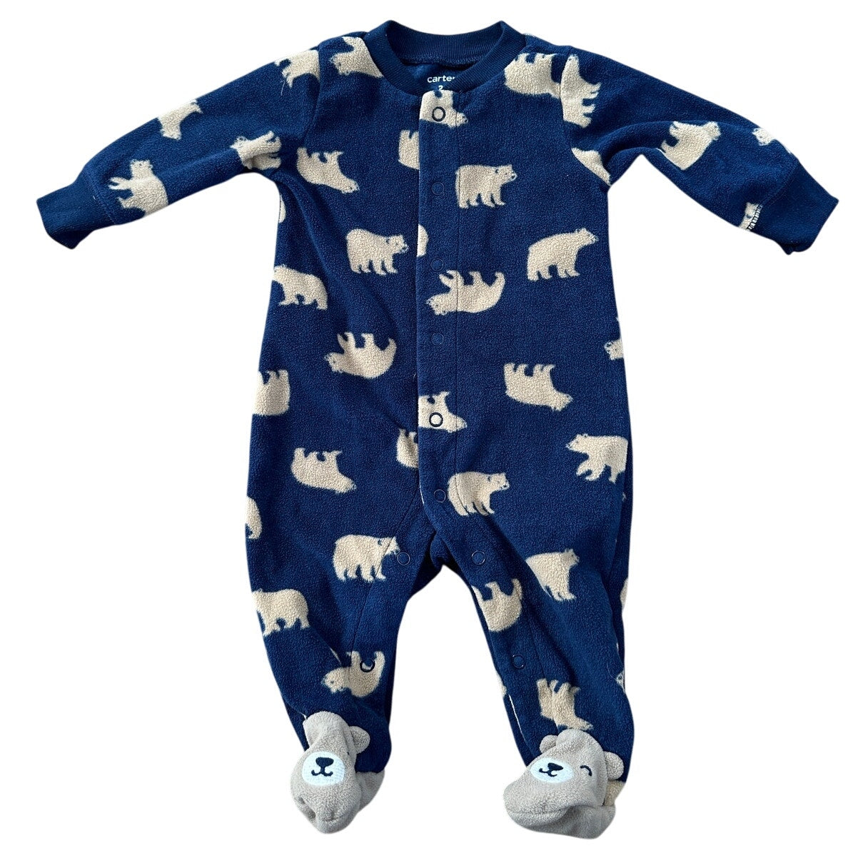 Baby 3M Navy Fleece Footed Sleeper with Bear Print and Bear Face Feet