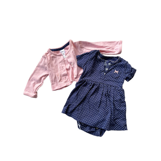 0-3M Baby Navy Blue Dress with Pink Sweater Set