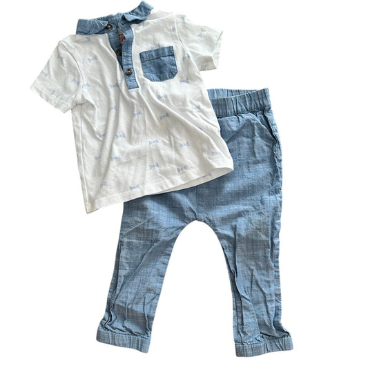 Toddler 18M 2-Piece Outfit - White Bow Print Shirt with Chambray Collar & Pants