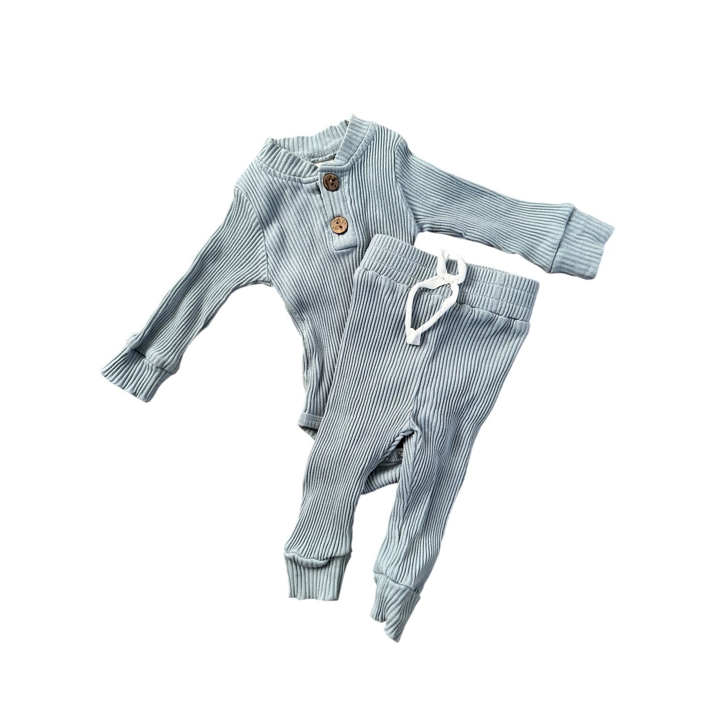 Newborn Light Blue Ribbed 2-Piece Outfit with Wooden Buttons and Drawstring Pants